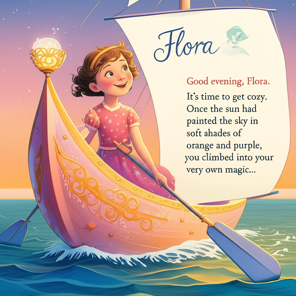 Cover illustration for Flora and the Silver Shell Boat - a personalized children's story