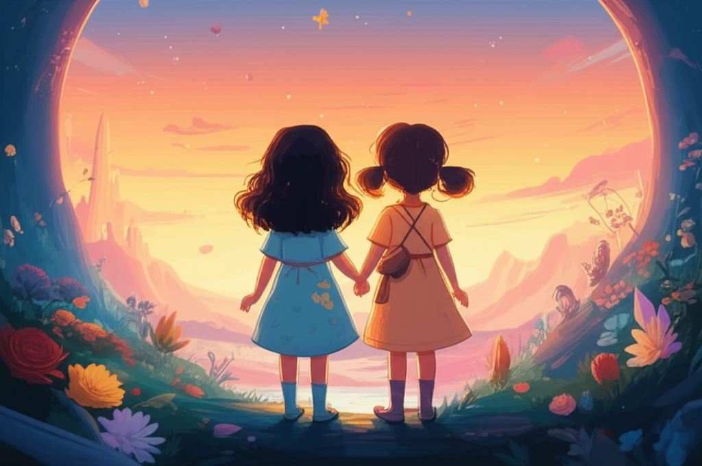 Cover illustration for Maya and Zoe and the Moonpetal Lullaby - a personalized children's story