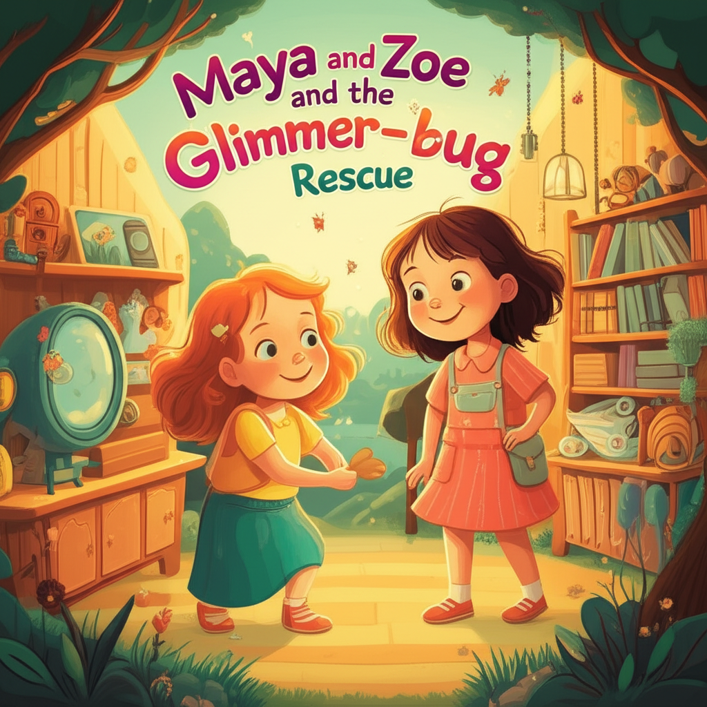 Cover illustration for Maya and Zoe and the Glimmer-bug Rescue - a personalized children's story